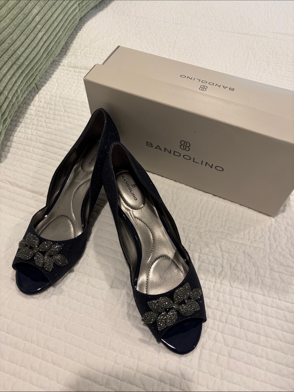 Bandolino Navy Peep-Toe Heels with Glitter Floral Accent